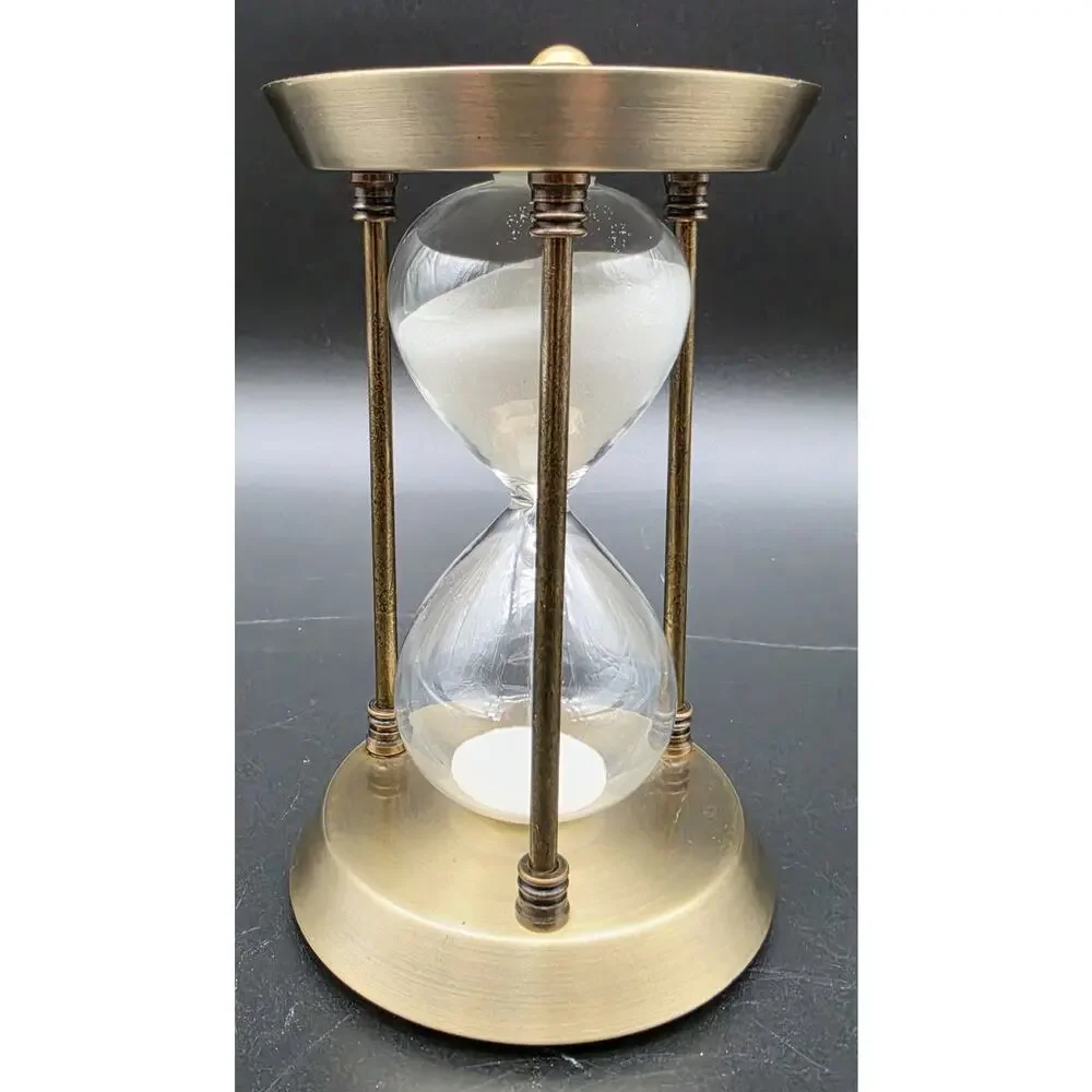 Vintage Brass Hourglass 15 Min White Sand Glass Timer Desk Decor 3 Pillar